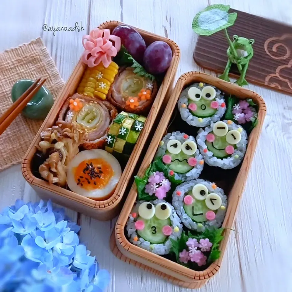 🌱🐸💠🌱🐸💠🌱
けろけろけろっぴ海苔巻きと紫陽花のお弁当|ayano.adshさん