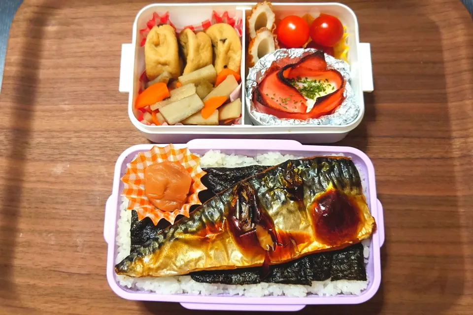 今日の手作り弁当は、焼きさば・のり弁当。

献立は、
・のり弁、焼きさば、梅干し
・がんもどきと根野菜の煮物
・ハムカップエッグ、ちくわ、ミニトマト|Mars＠釜飯作り研究中さん