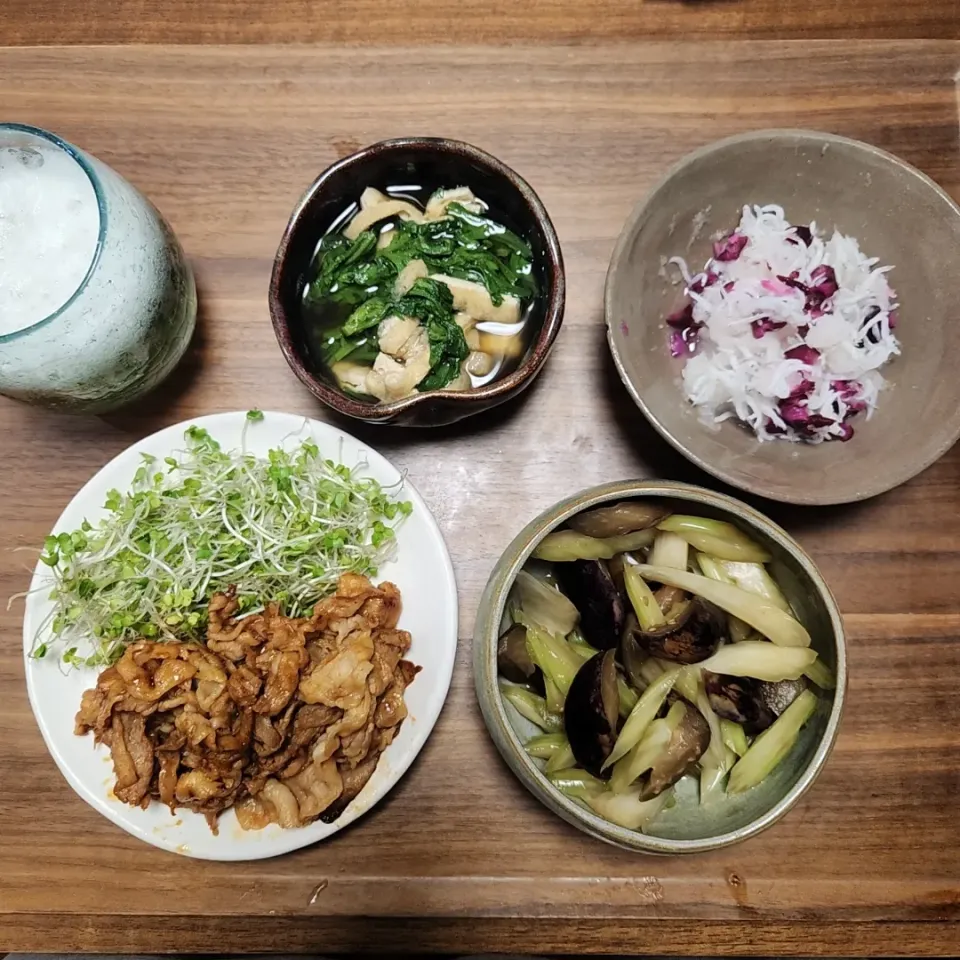 20240604
豚肉のコチュジャン炒め
春菊と揚げのさっと煮
柴漬けしらすおろし
茄子とセロリの浅漬け|noccoさん