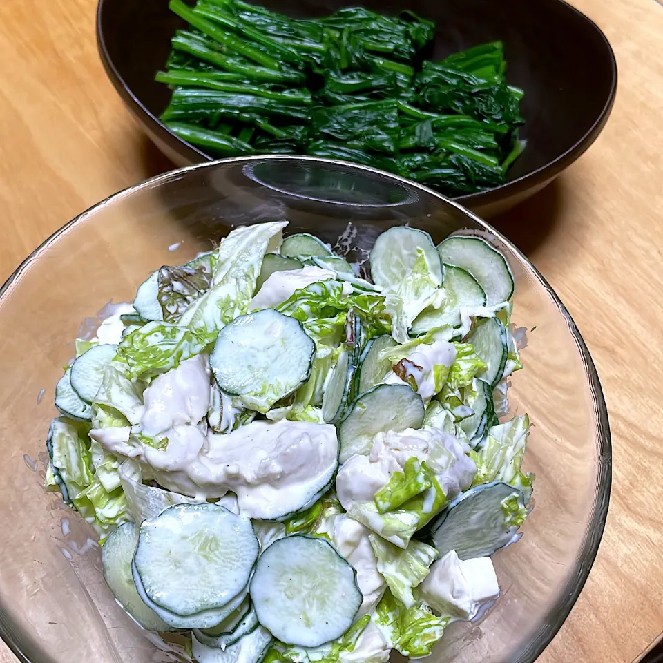 ササミサラダ🥗とお隣さんのほうれん草おひたしにしました🥬|abekoさん