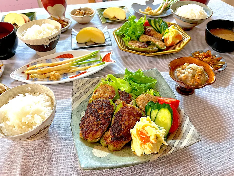 Snapdishの料理写真:ピーマン肉詰め、ポテサラ、きんぴらなどの晩ごはん|ゆかりさん