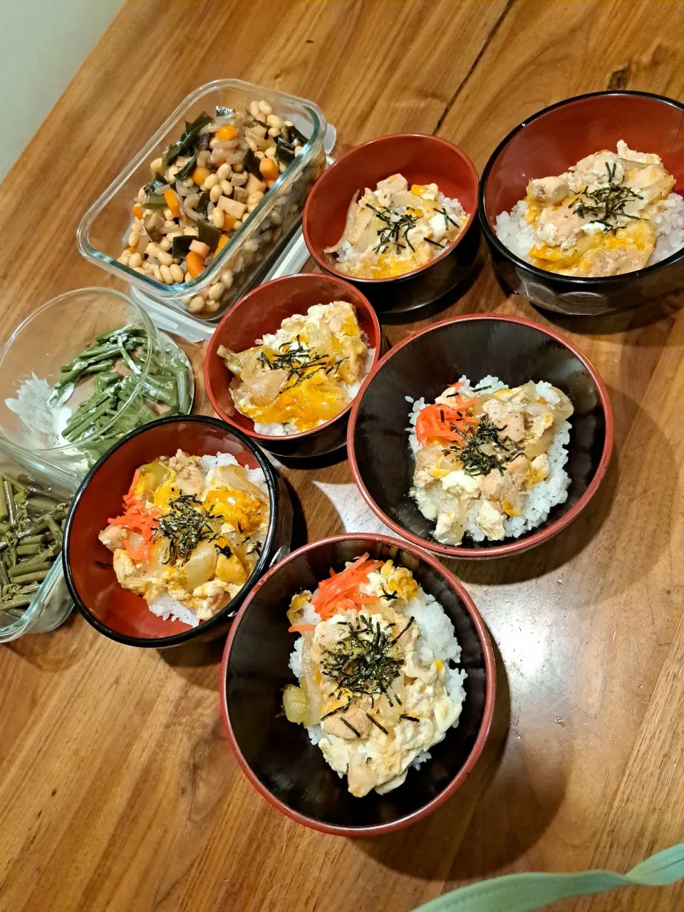 親子丼　五目豆煮　残り物わらび|m aさん