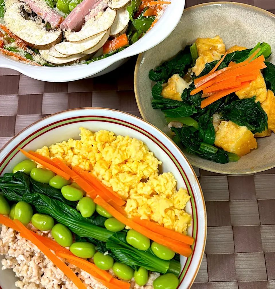 Snapdishの料理写真:彩り丼とスタミナ料理|にゃっきさん