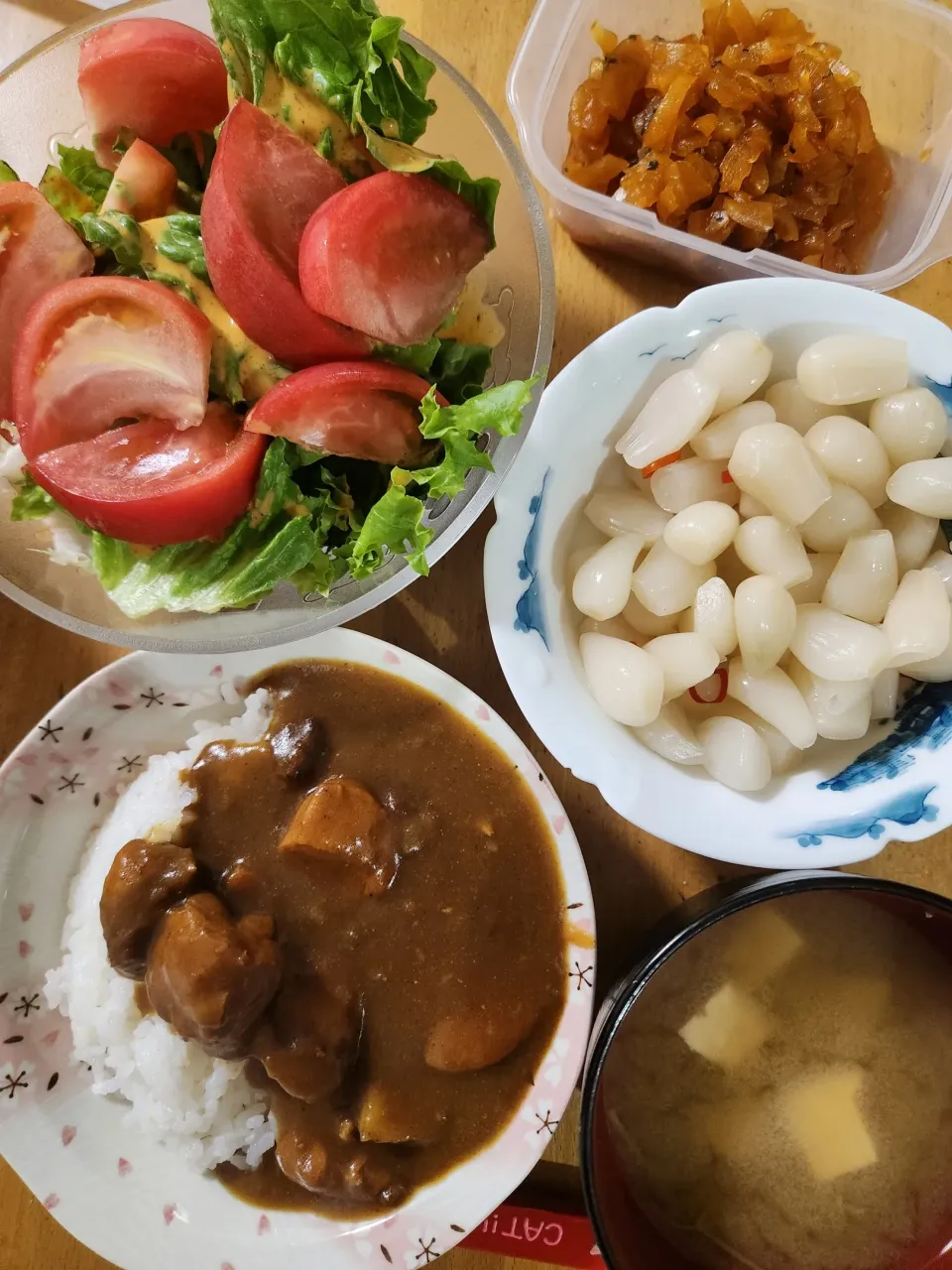 カレーライス、レタスとトマトのサラダ、豆苗と豆腐の味噌汁|さきさん