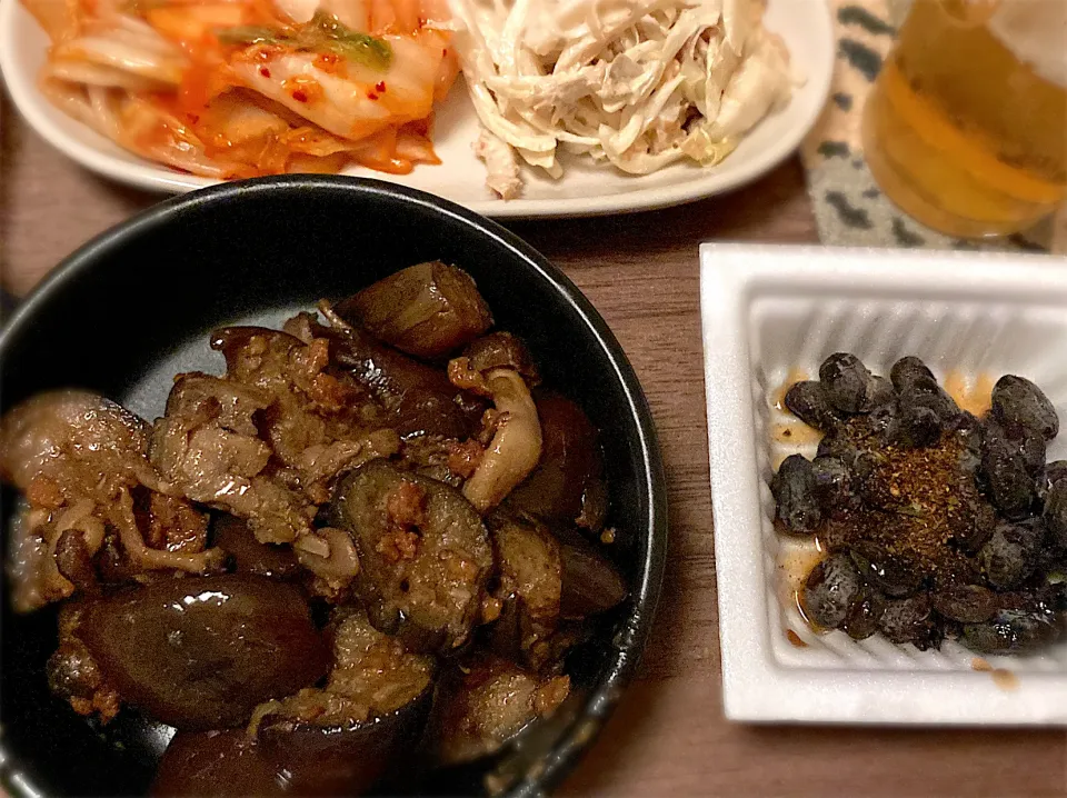 茄子ときのこの肉味噌炒め🍆茗荷と竹輪と新玉ねぎのマヨ和え🫚キムチ🌶黒豆納豆|gunlove❤さん