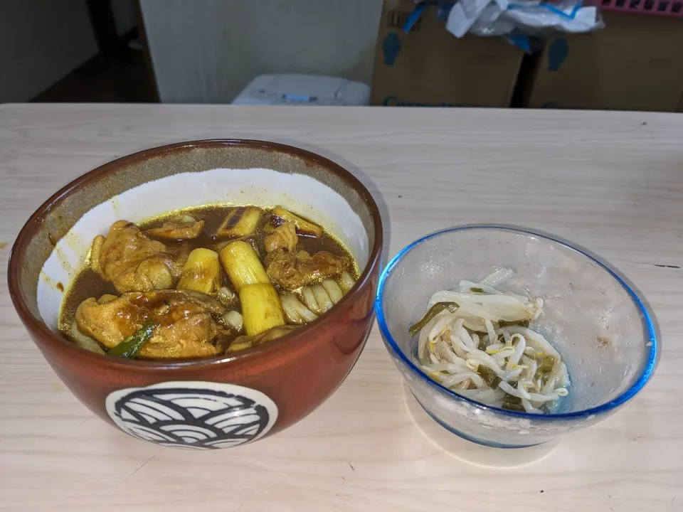 名残🌦2024/06/10の食事は台所にて、肌寒いのでカレー南蛮うどん&韮とモヤシの山葵ナムル|Tarou  Masayukiさん