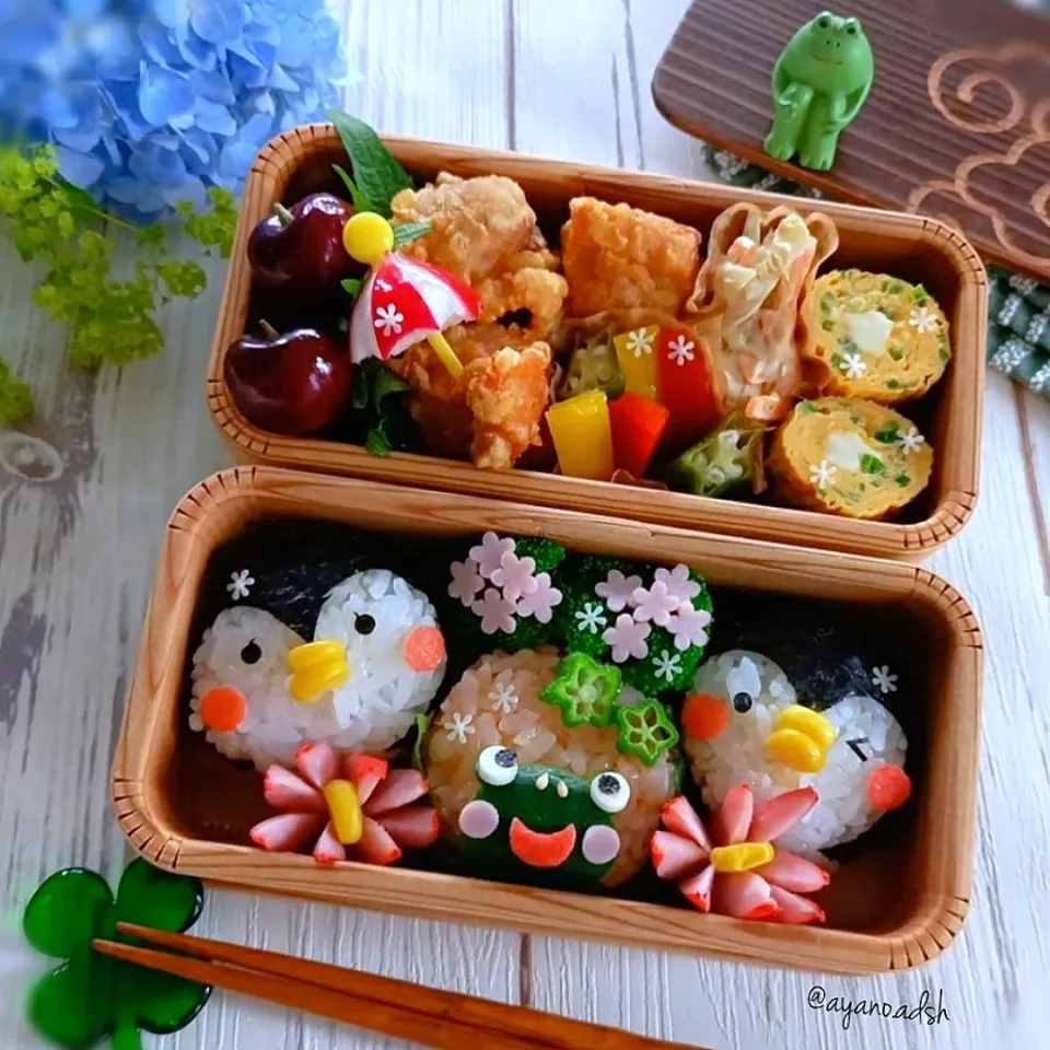 🐧おかかチーズのペンギンおにぎりと
🐸明太子のカエルおにぎり弁当🌱|ayano.adshさん