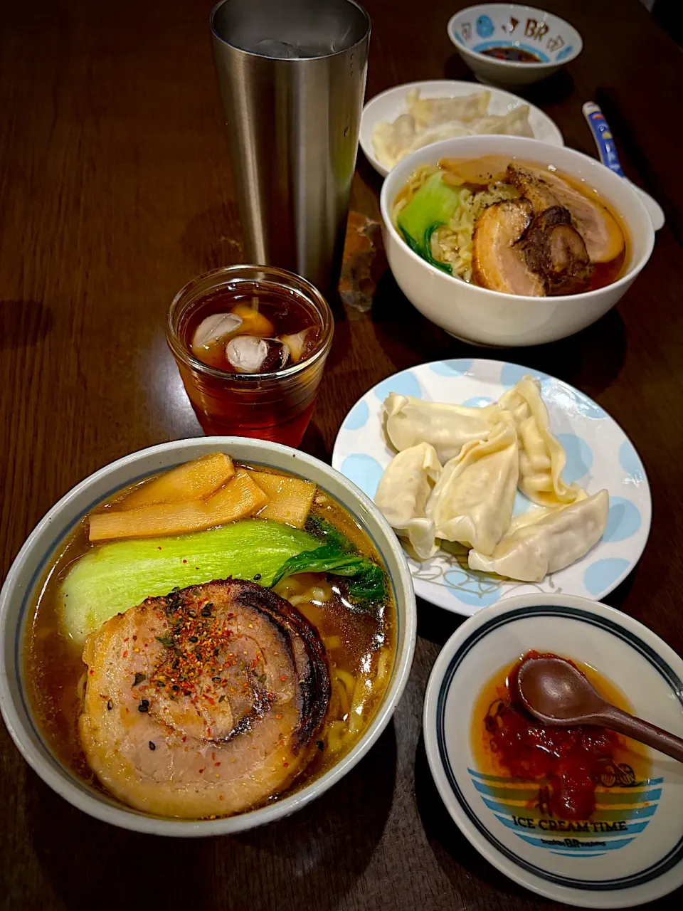 Snapdishの料理写真:醤油＆味噌ラーメン　焼き豚　水餃子　アイスティー|ch＊K*∀o(^^*)♪さん