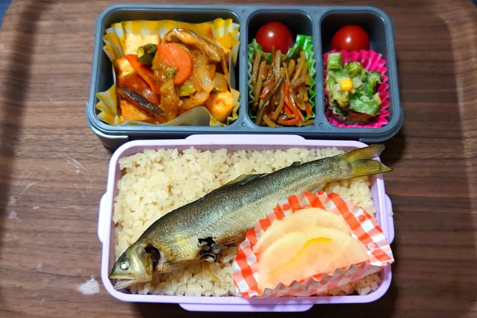 今日の手作り弁当は、鮎の炊き込みご飯の厚揚げと野菜の辛味噌炒め弁当。

献立は、
・鮎の炊き込みご飯
・厚揚げと野菜の辛味噌炒め
・きんぴらごぼう、ミニトマト
・ブロッコリーのツナマヨサラダ|Mars＠釜飯作り研究中さん