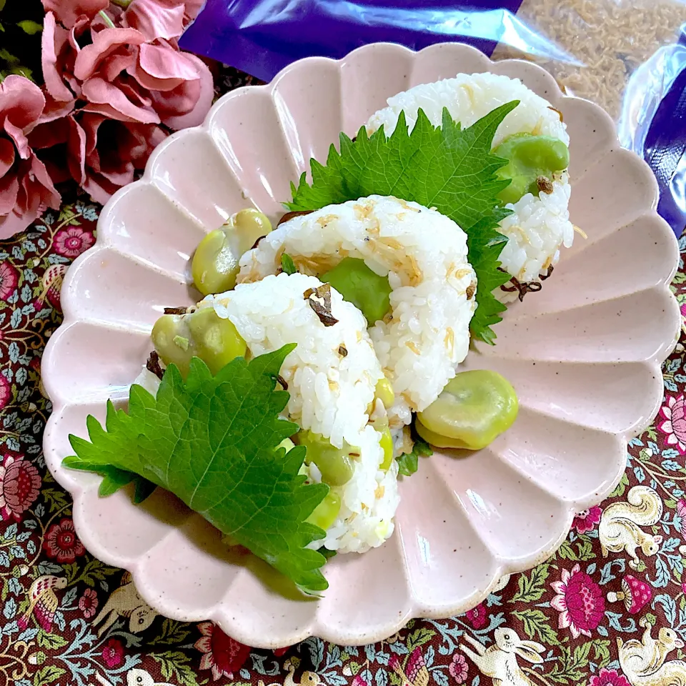 ちりめん山椒とそら豆と塩昆布のおにぎり🍙|ringonamaさん