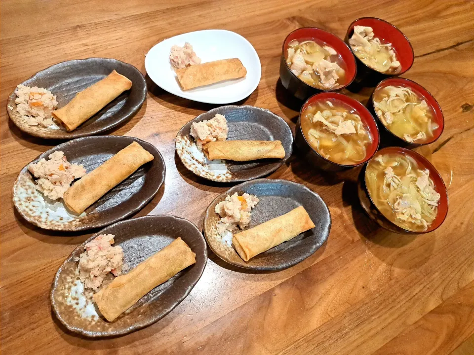 カレー蕎麦　冷食春巻き　残り物おから煮|m aさん