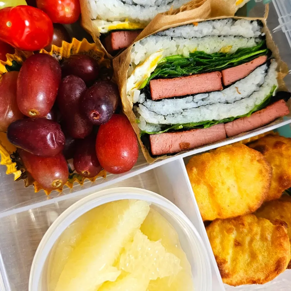 2024年6月13日おにぎらず弁当。今日はご飯にした。おにぎらずだから、サンドイッチ用のお弁当箱に詰めた。やっぱりこのお弁当箱、使いやすい！|Miiさん