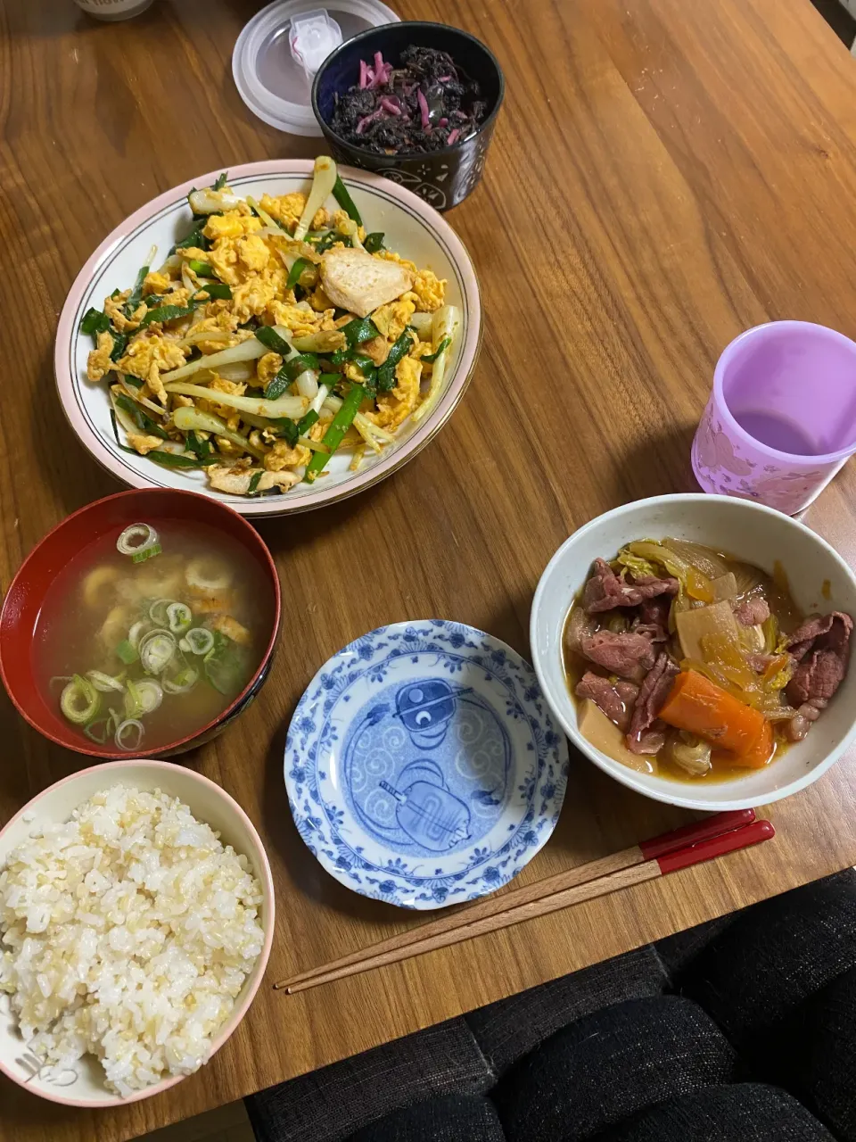 夜　しまらっきょと鶏胸肉炒め、牛すき煮|みちくんさん