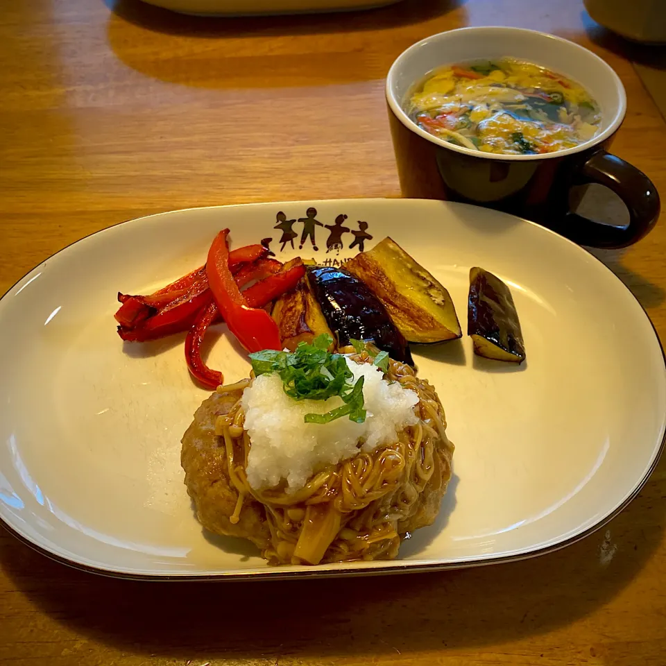 照り焼き風おろしハンバーグと、玉子スープ|もえさん