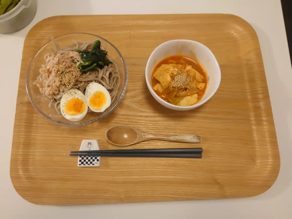 今日の昼食　ツナ蕎麦、豆腐チョリム|pinknari🐰🌈さん