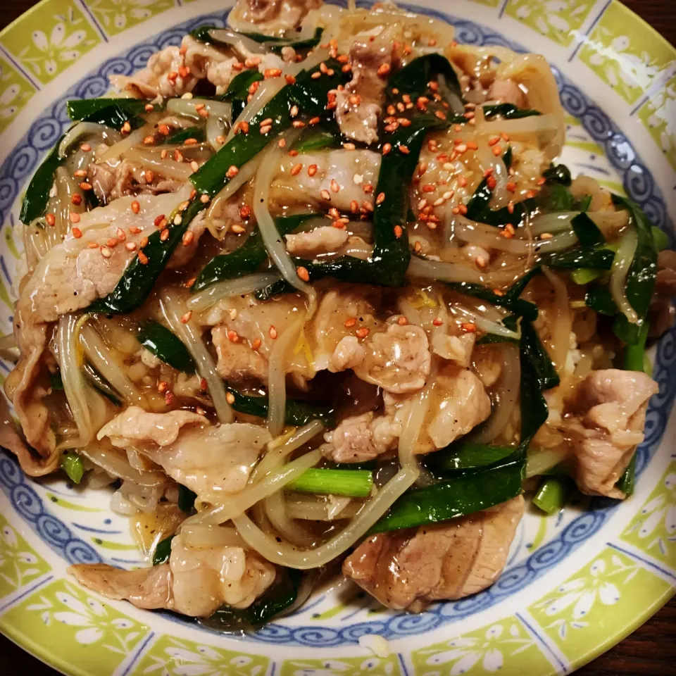 豚、ニラ、もやしで中華丼|きよっさんさん