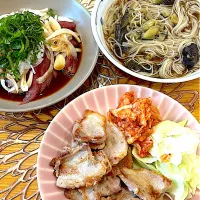 Snapdishの料理写真:サムギョプサル、鰹のたたき、茄子素麺|あっこさん