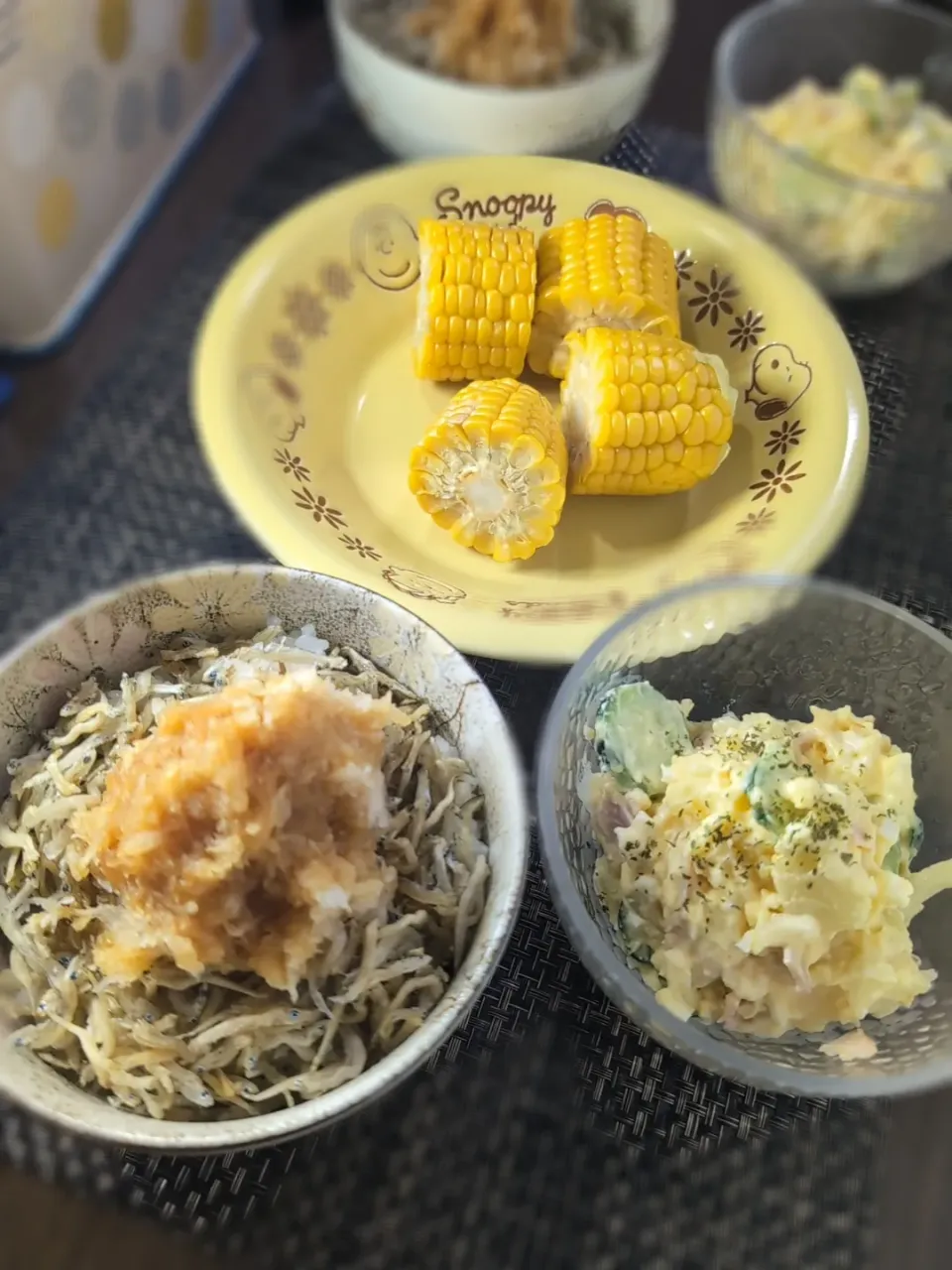 シラスおろし丼＆ポテトサラダ＆とうもろこし|テケテケさん