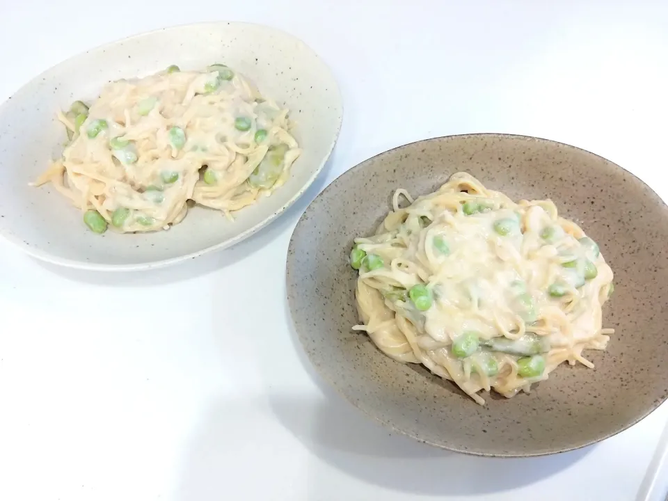 Snapdishの料理写真:ツナと枝豆のクリームパスタ|晴さん