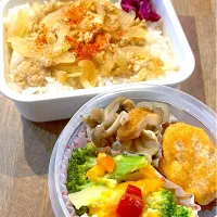 Snapdishの料理写真:鶏挽き肉と新たまのっけ丼、ブロッコリーとたまごの塩麹サラダ、煮物、冷凍唐揚げ|さにー☆ミさん