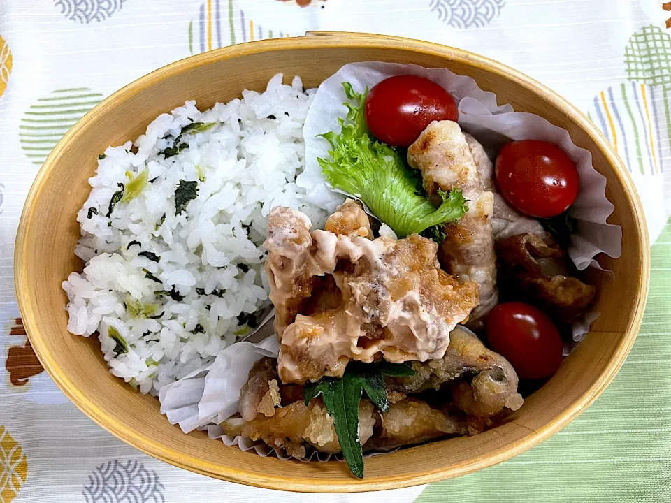 ヤングコーンの豚肉巻、サバの唐揚の菜飯ご飯🍱|なお🅿️さん