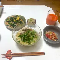 2024/6/17豚しゃぶうどん、トマトとタコのマリネ、ほうれん草とベーコンのキッシュ、もやしと胡瓜のナムル|克邉さん