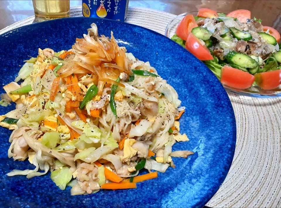 Snapdishの料理写真:そうめんチャンプル～🌿

イワシ缶のサラダ🥗|びせんさん