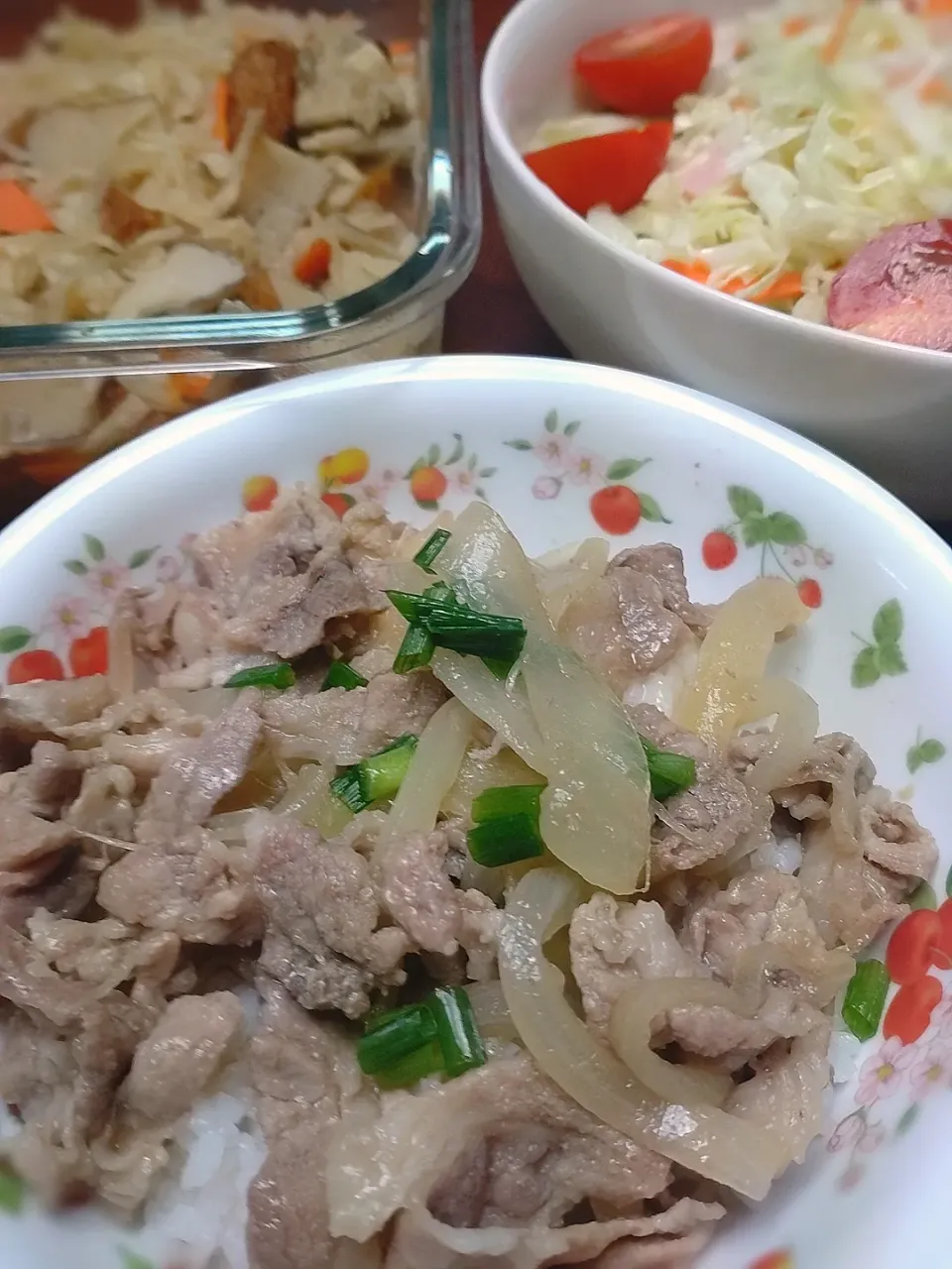 スタミナ丼
切り干し大根の煮物
サラダ|しゅがーさん