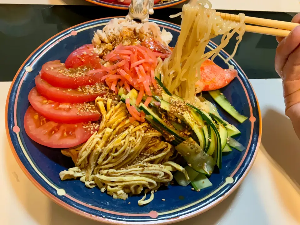 ごまだれ冷やし中華
ササミ、農家でいただいたきゅうり、スーパーで買ったトマト、カニカマ、薄焼き卵を作ってスライス。
炒ったごまを軽く擦って、最後に紅生姜とラー油で。|Takeshi  Nagakiさん