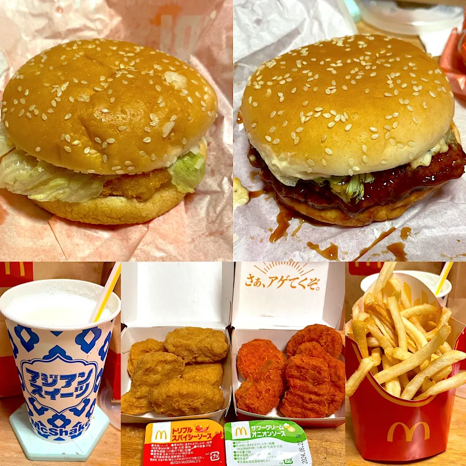 ガーリックバターてりやきバーガー🍔　海老フィレオバーガー🍔　スパイシーナゲット　マックシェイクソルトライチ🥤　ポテト🍟|るみおんさん