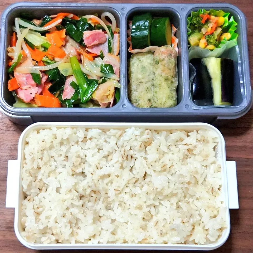 今日の手作り弁当は、麦ごはんの野菜とベーコン炒め弁当。

献立は、
・麦ごはん
・野菜とベーコン炒め
・ちくわの磯辺揚げ、きゅうりの漬物
・ブロッコリーサラダ、なすの漬物|Mars＠釜飯作り研究中さん