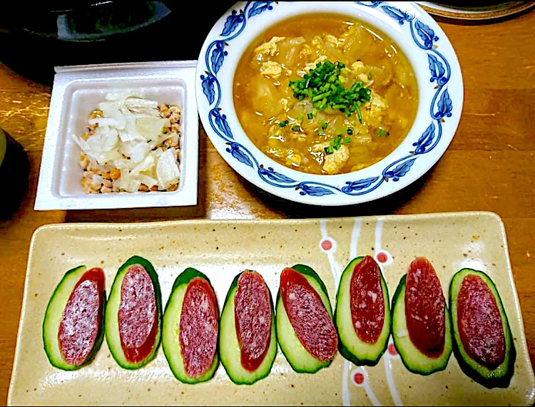 腸カツ玉ねぎのコンソメスープ 私のお気に入りのツマミ🥒サラミの味塩 腎カツりんご酢納豆|🐈⸒⸒⸒⸒つるのダンス🐈🐾さん