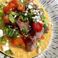 Snapdishの料理写真:Beef Steak Tacos With Roasted Bell Pepper Salsa|Sayaka Jinsenji Huletteさん