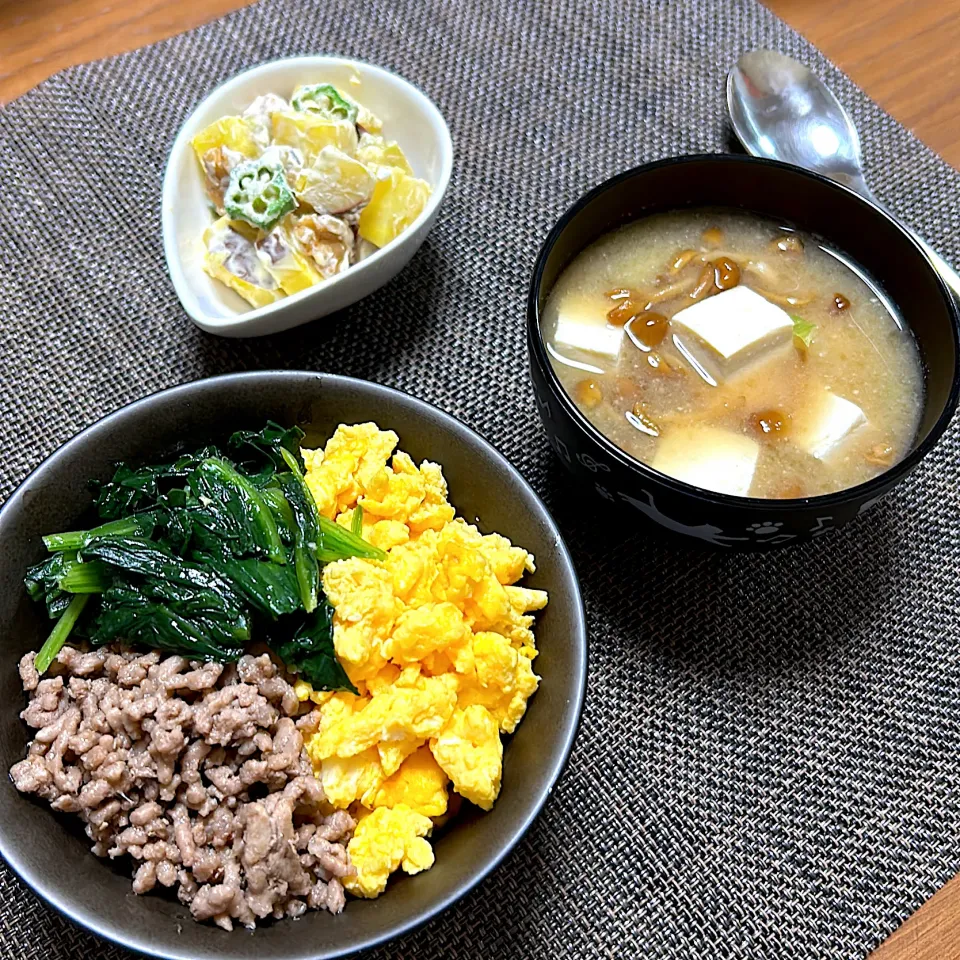 三色丼(合い挽き肉、卵、ほうれん草)|柚子きりかさん