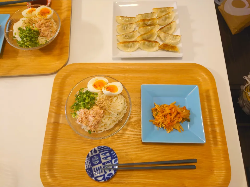 今日の昼食　ツナそうめん、餃子、切り干し大根のキムチ和え|pinknari🐰🌈さん