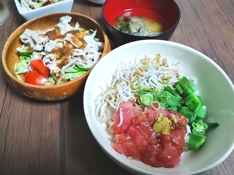 Snapdishの料理写真:ねぎとろしらす丼
冷しゃぶサラダ
ナスと小松菜の味噌汁|尚さん