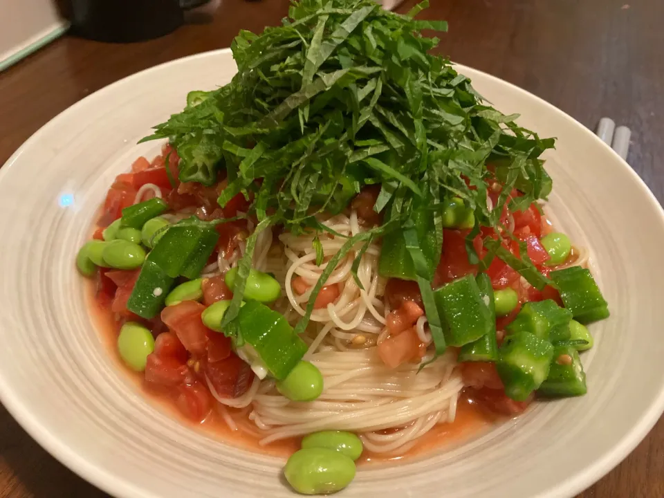 トマトとオクラの冷製パスタ風そうめん|豆柴さん