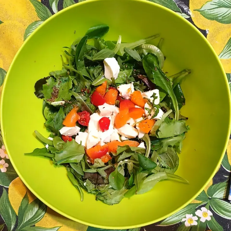 Misticanza con pomodorini, albicocca e mozzarella, olio evo, 1 cucchiaino di aceto bianco, anice e alloro.|Le Sibille e la Runa • Zahiraさん