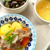 肉じゃが、なすとピーマンの味噌煮、かきたま汁|ビスケットさん