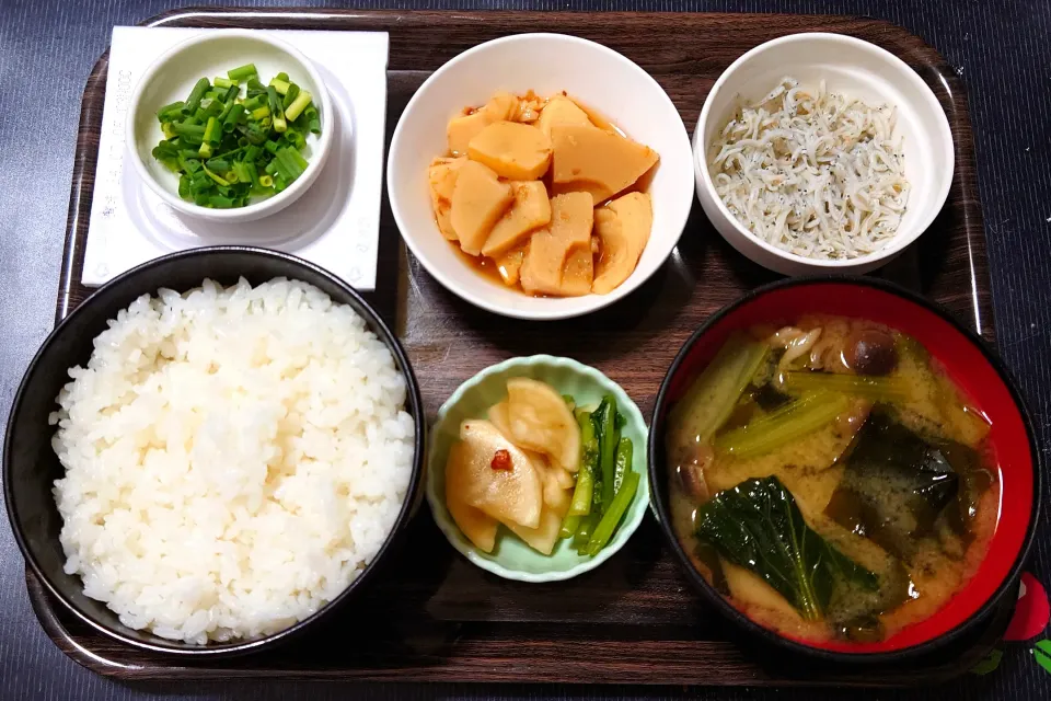 今日の朝ごはん（ごはんは千葉県産ふさおとめ、釜揚げしらす、たけのこの土佐煮、ひきわり納豆、小松菜としめじのみそ汁、かぶの漬物）|Mars＠釜飯作り研究中さん