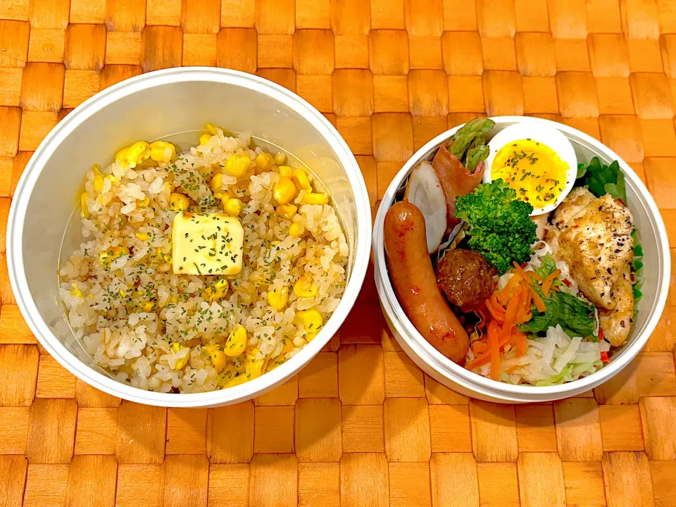 Snapdishの料理写真:中学生息子のお弁当🍱 ささみのマヨパン粉焼きととうもろこしご飯弁当🍱|Snow10さん