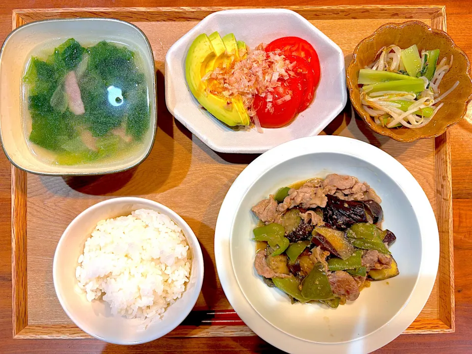 Snapdishの料理写真:昨日の夜ご飯(ナスとピーマンの肉味噌炒め、もやしと小松菜のナムル、トマトとアボカド、レタススープ)|cocomikaさん