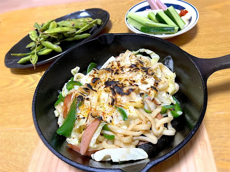 チーズ焼きうどん&枝豆|あやさん