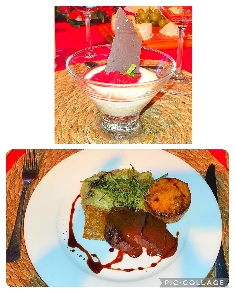 Bife ancho y costilla de cerdo sobre una cama de pure de champiñones, pastel de vegetales y fritura de poro, salsa de hierbas anisadas.
postre: Sopresa helada d|Jhonny Yamashiroさん