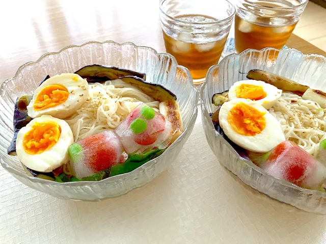 Snapdishの料理・レシピ写真:夏野菜の焼き浸し　お素麺｜今年の素麺が熱い！！素麺アレンジレシピ♪