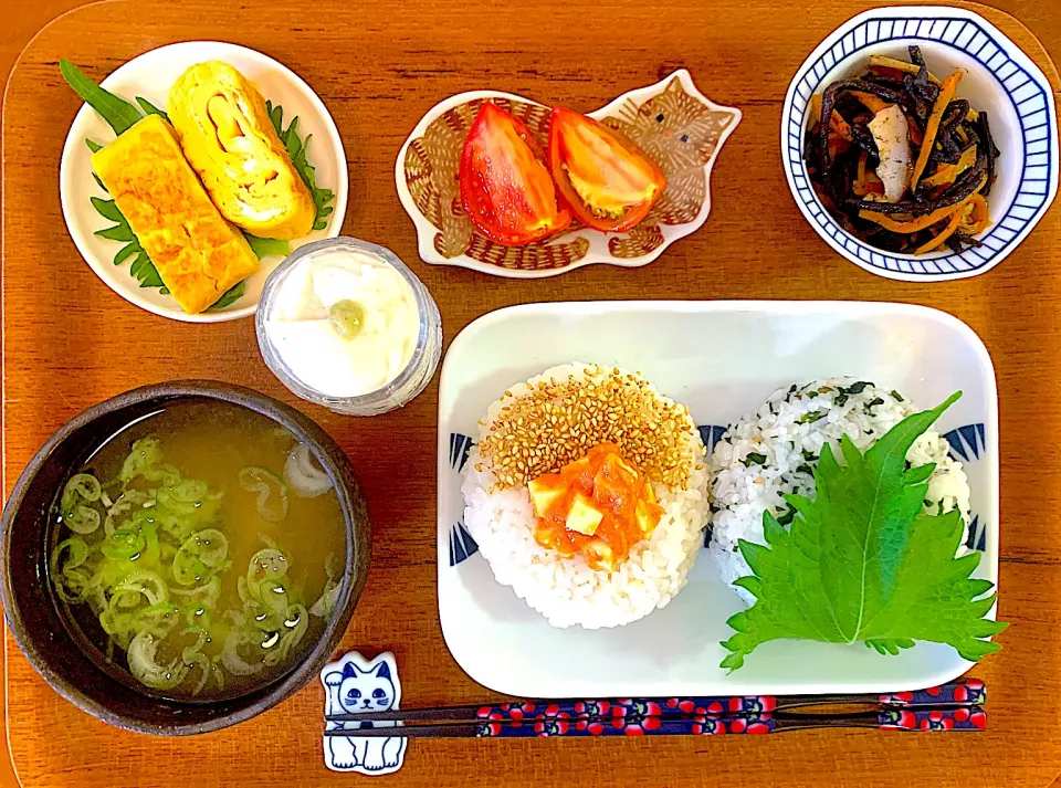 Snapdishの料理写真:明太チーズおむすびと紫蘇ちりめんおむすびの献立🍙|すずさん