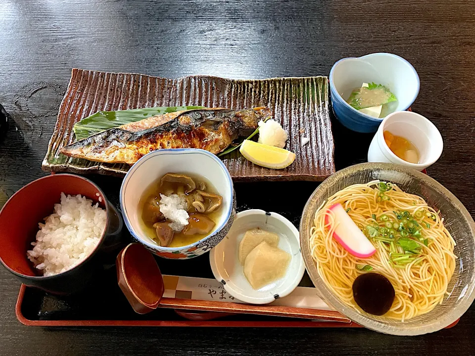 鯖の文化干し定食(冷うーめん)|しのぶさん