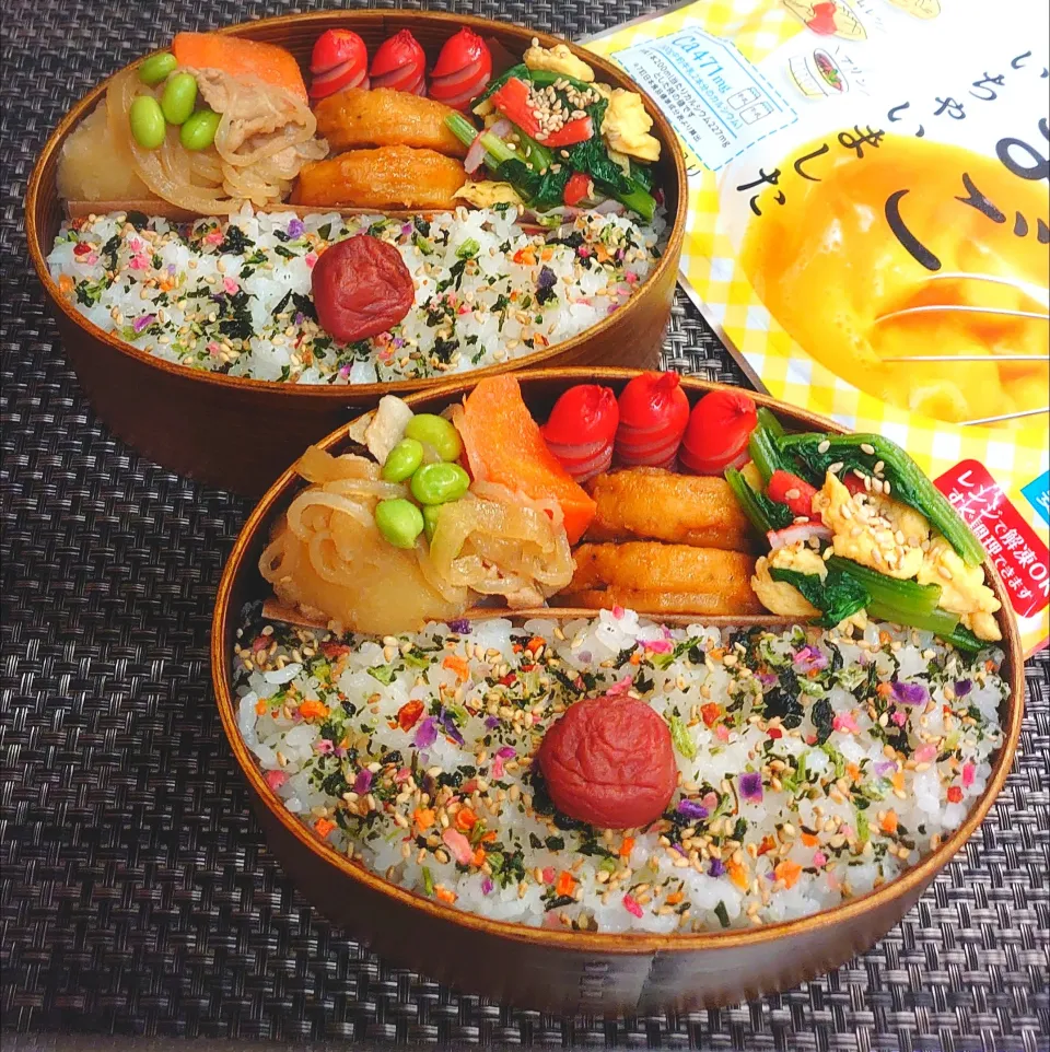 Snapdishの料理写真:母とムスコのラブラブおソロ♪じゃがいも富豪の肉じゃが弁当|からあげビールさん