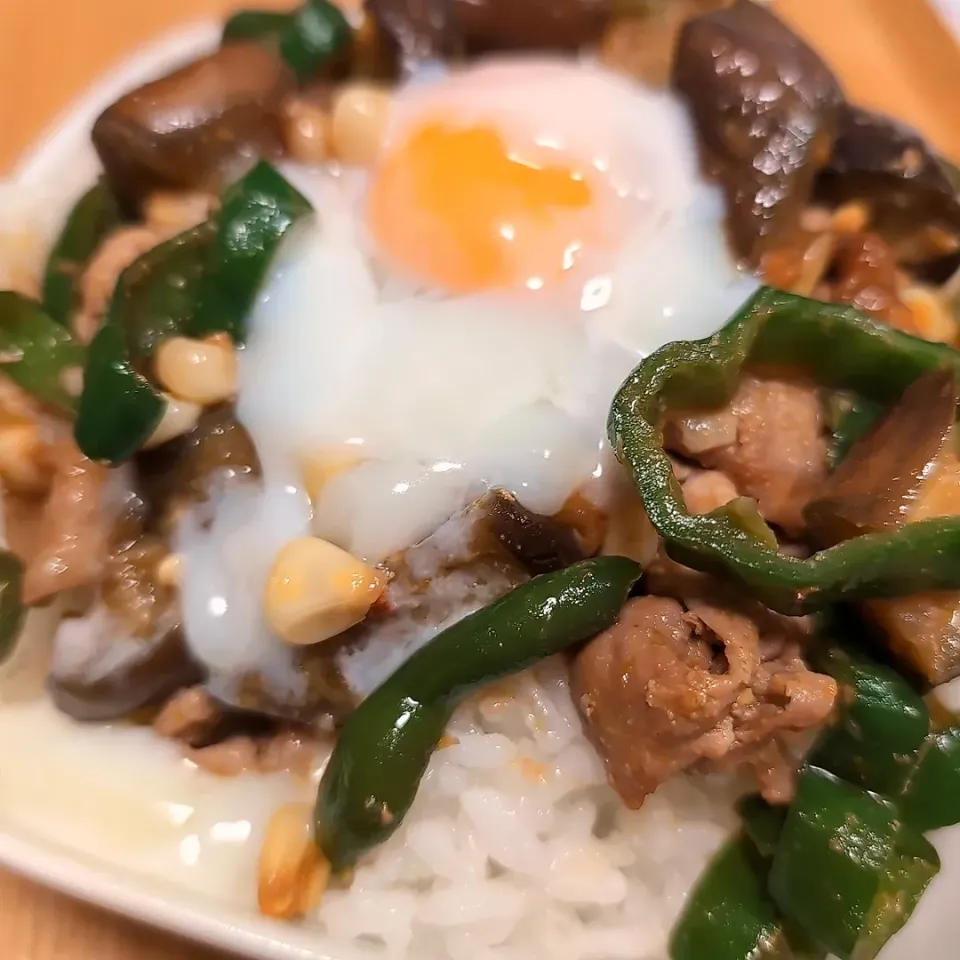 丼／豚肉とナス・ピーマン・コーンの温卵乗っけ粒味噌スタミナ丼／大盛り過ぎて溢れそう　笑|チョコさん