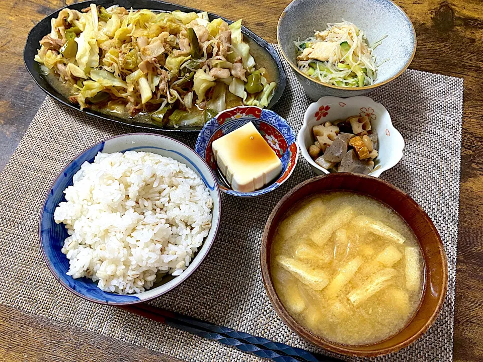 豚肉と野菜の炒め物　春雨とササミの中華和え　こんにゃくと豆の煮物　冷奴　麦ご飯　味噌汁|♡misaki♡さん